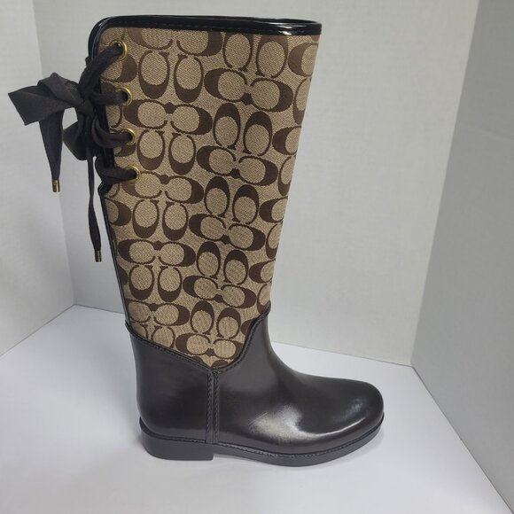 Genuine Coach Womens Tristee Brown Corset Lace Up Tall Rain Boots Sz. US 8B - Picture 1 of 12